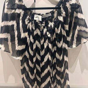 Tela Sheer Flutter-Sleeve Blouse in Black & Cream